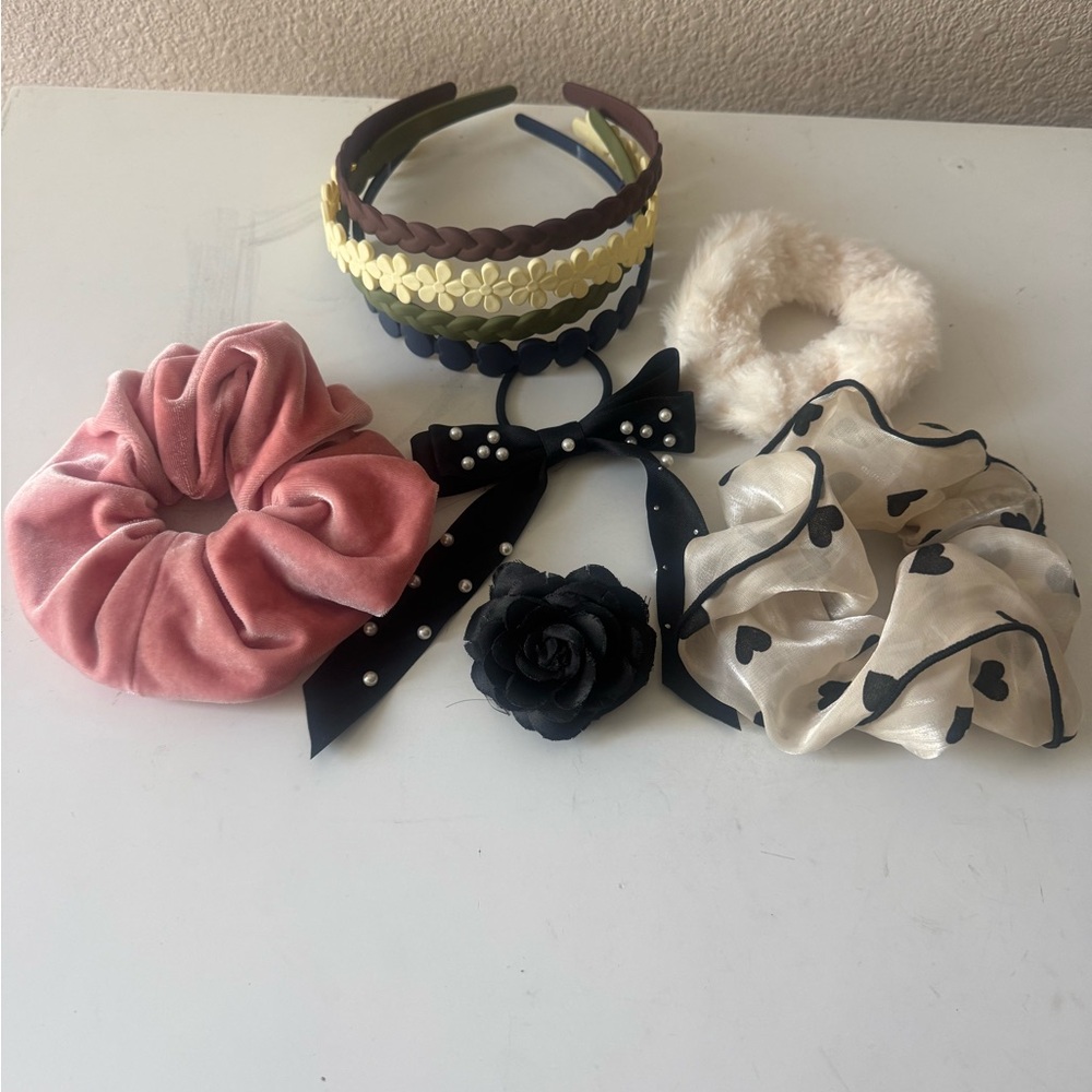 Assorted Hair Accessory Set - Velvet Scrunchie, Floral Headbands & Bow Tie